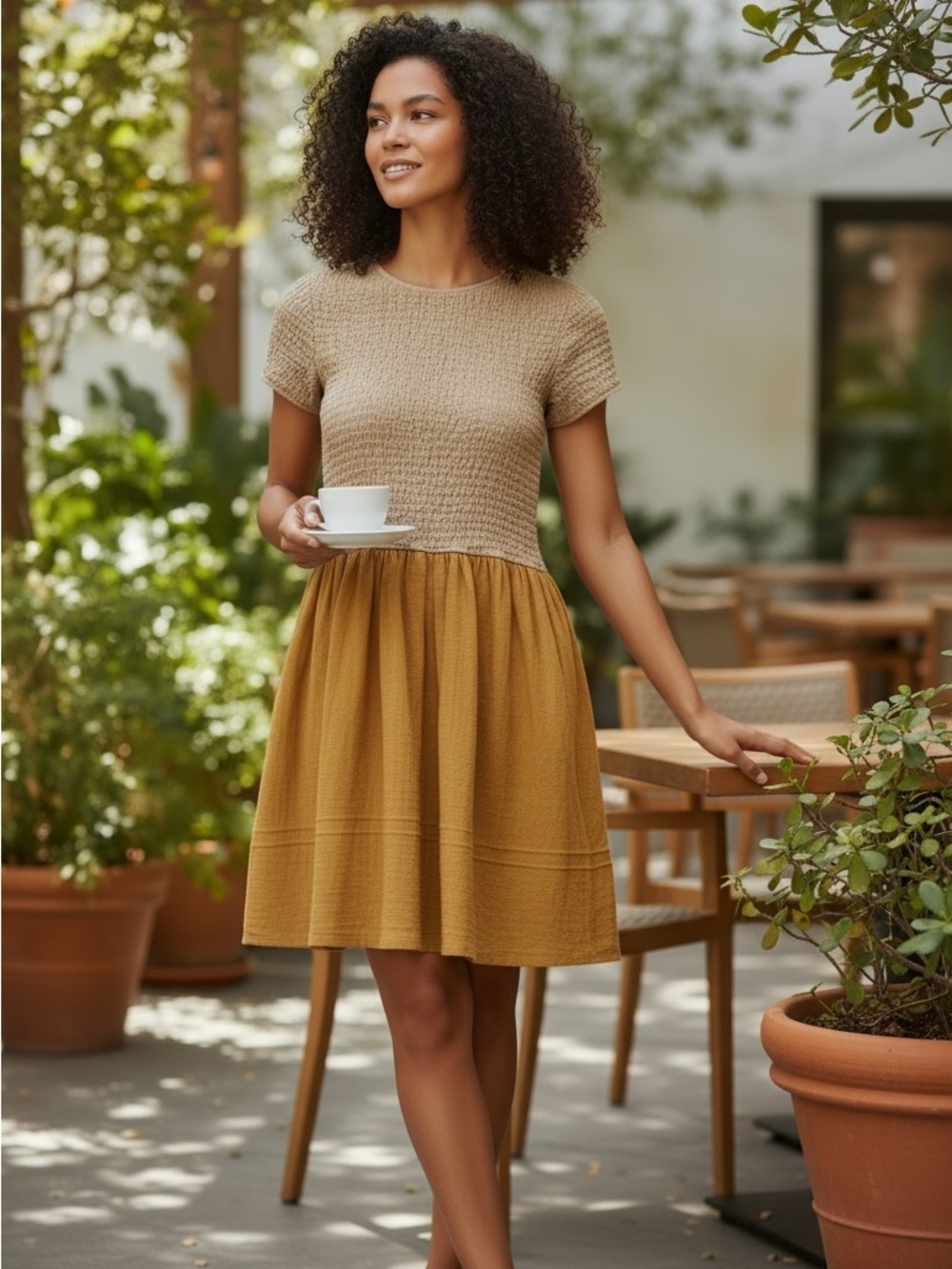 VOV Two-Tone Tan and Mustard Mini Dress NWOT